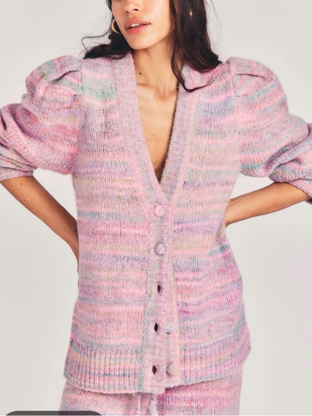 Loveshackfancy Chunky V-Neck Puff Sleeve Cardigan - Pink Multi